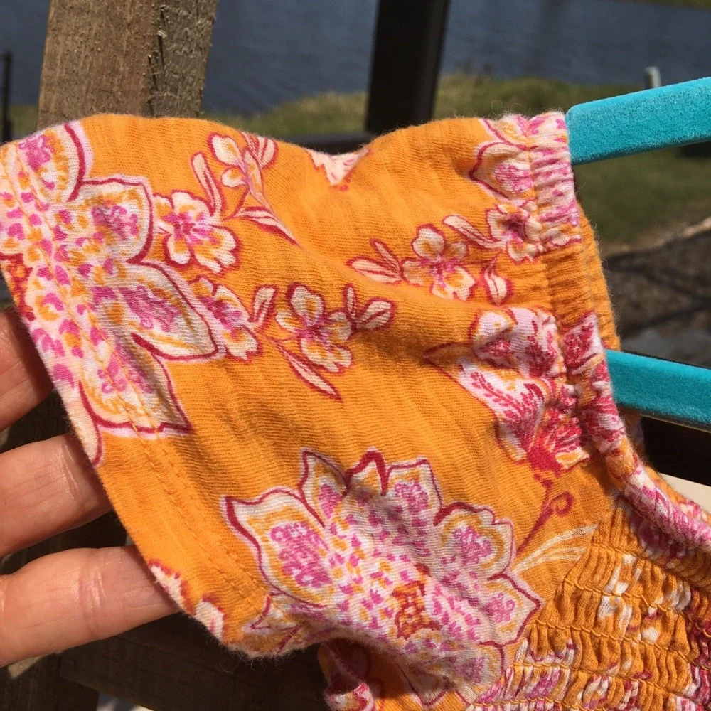 Old Navy Smocked Flutter Sleeve Top Orange with Pink Floral S (6-7)